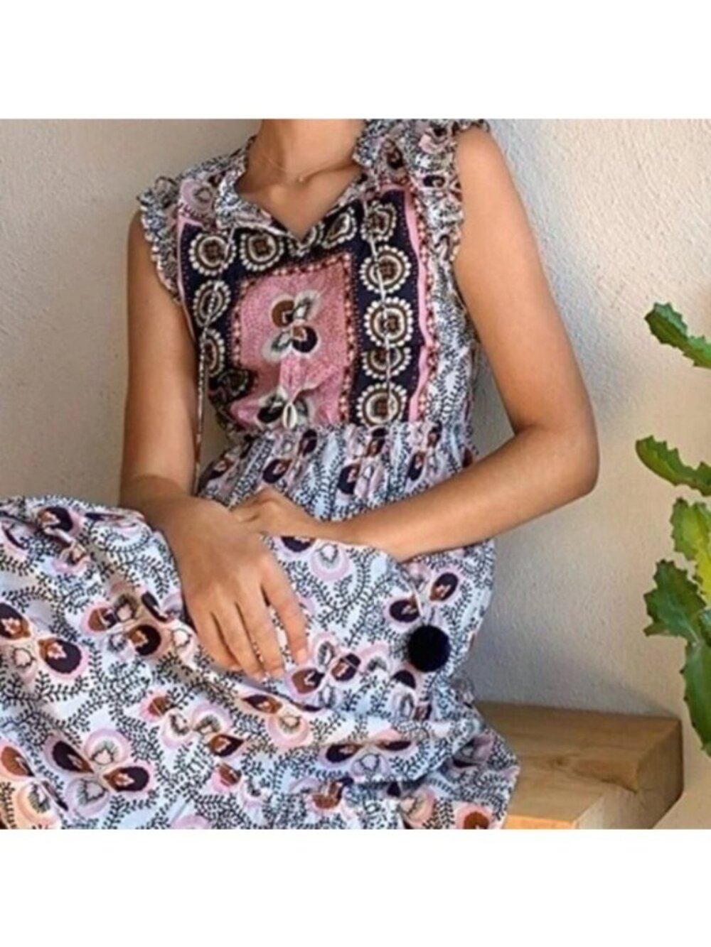 Figue Lily Cara Dress S Bohemian Cotton Cottagecore Floral Bib Ruffle - Picture 3 of 12